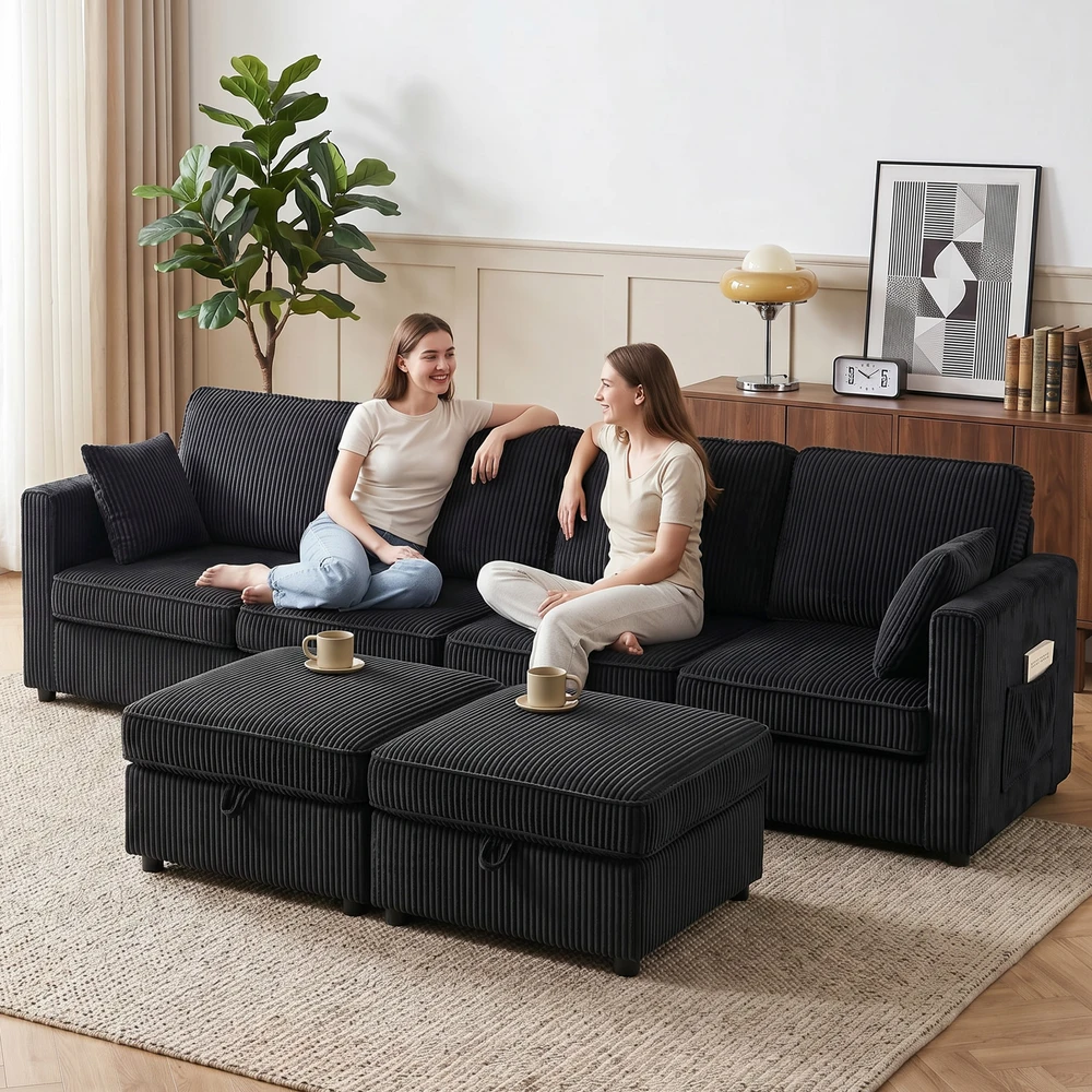 Aosom U formos kampinė sofa 4 vietų su daiktadėže, 306 x 153 x 85 cm, tamsiai pilka