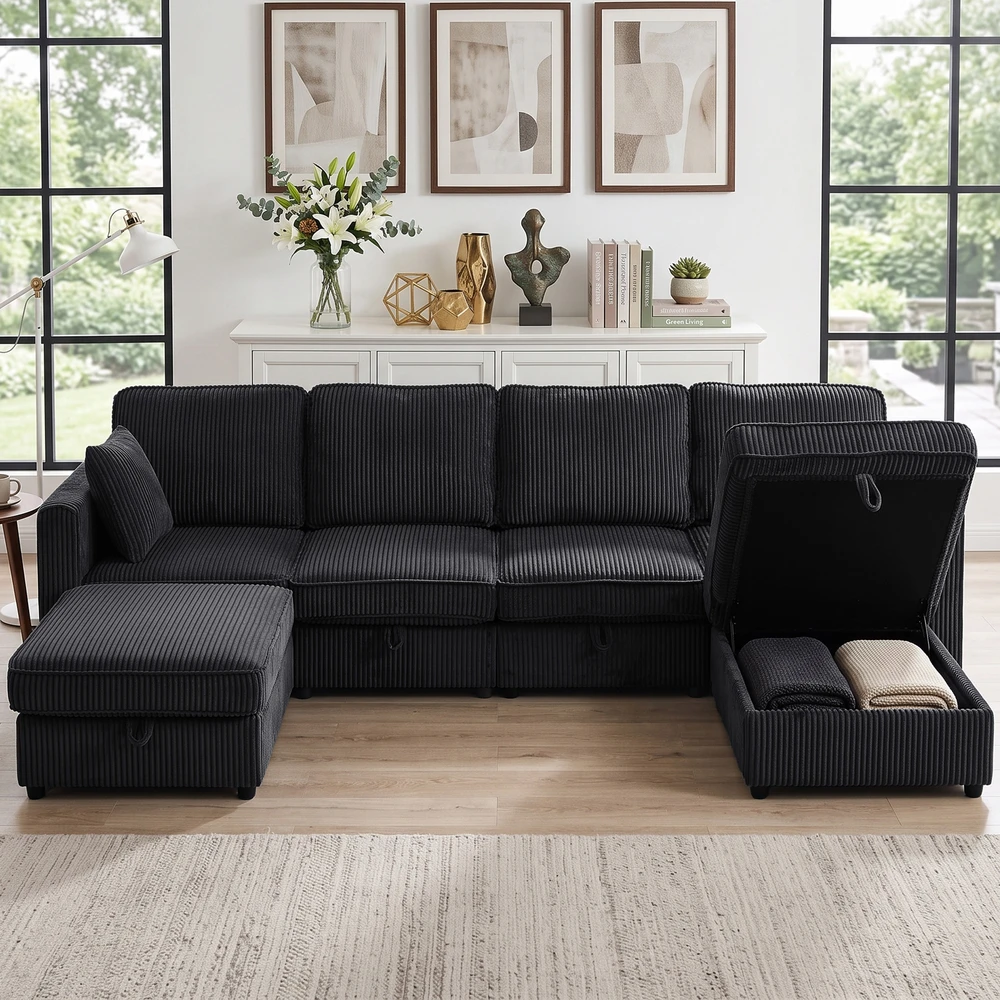 Aosom U formos kampinė sofa 4 vietų su daiktadėže, 306 x 153 x 85 cm, tamsiai pilka