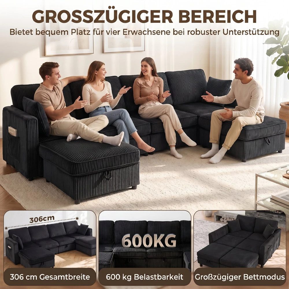 Aosom U formos kampinė sofa 4 vietų su daiktadėže, 306 x 153 x 85 cm, tamsiai pilka