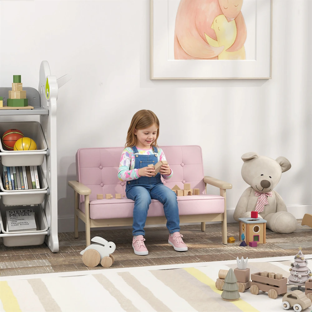 Aosom Vaikiška sofa, medinis rėmas, aksomo išvaizda, paminkštinta, rožinė, 3–15 m.