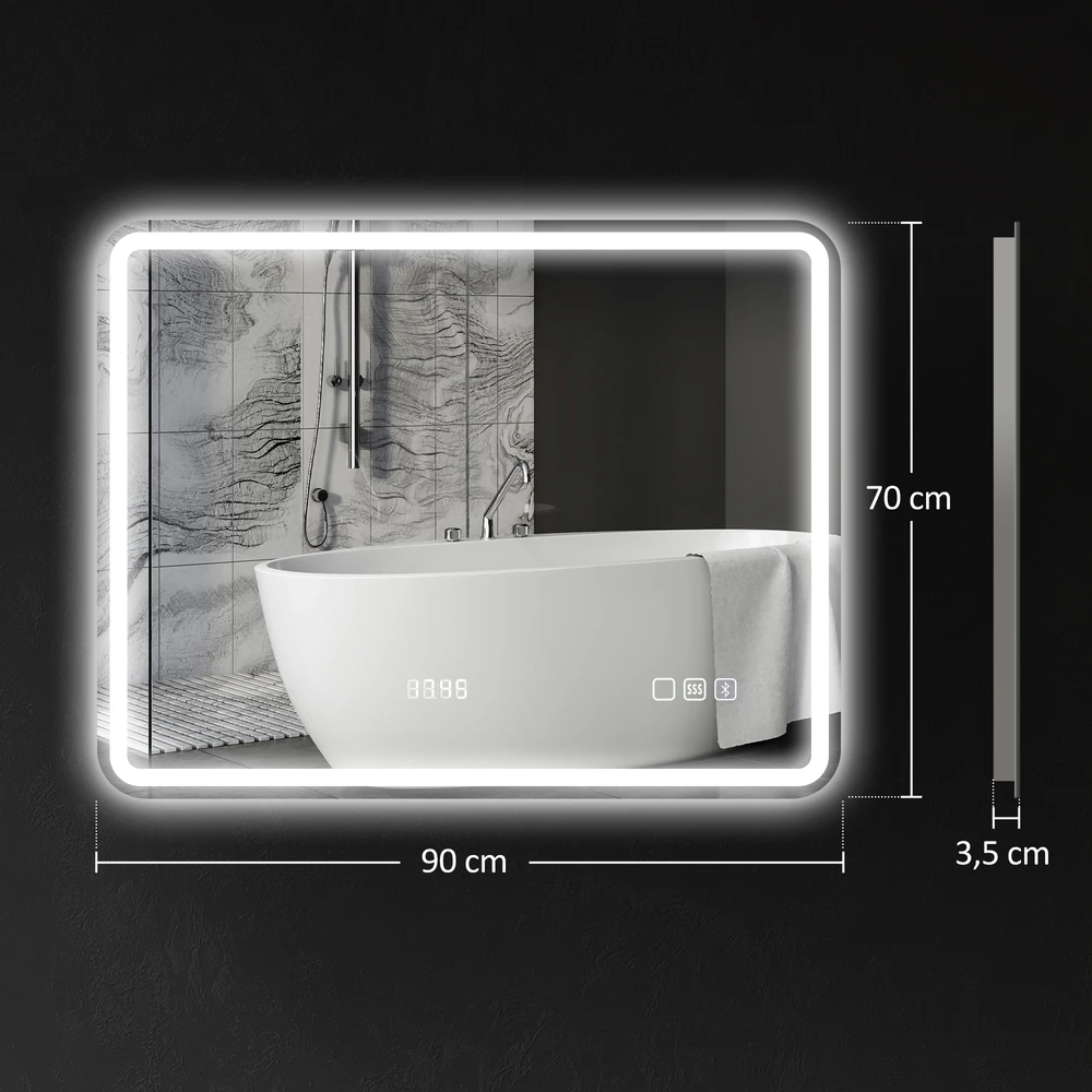 Aosom Veidrodėlis voniai su LED apšvietimu, nuo rasojimo, 3 šviesos spalvos, laikrodis, sidabrinis, 700 x 900 mm