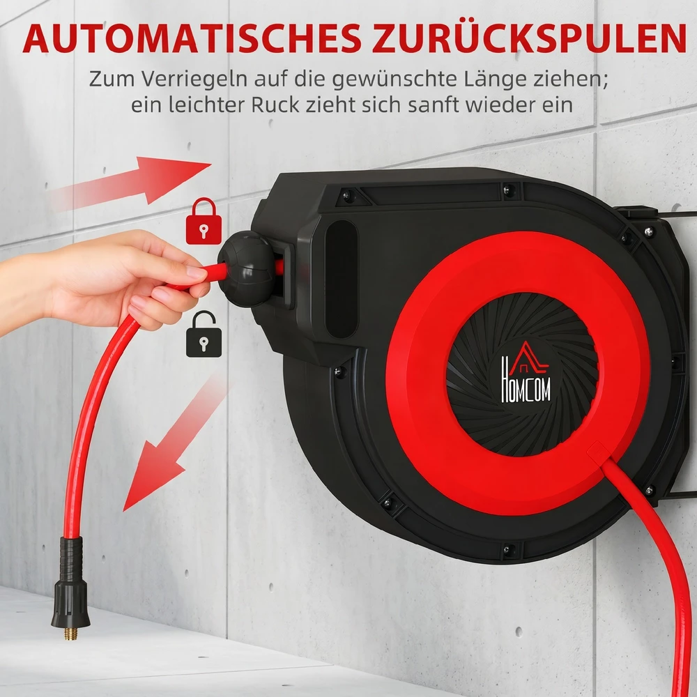 Aosom Žarna suvyniojimo ritė su automatinio susukimo mechanizmu, 16,5 m, sieninis tvirtinimas, juoda+raudona