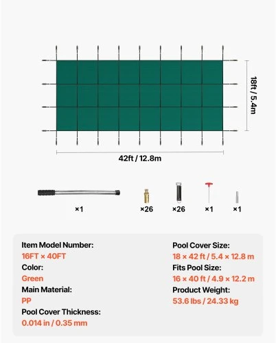 Koduva Baseino saugos danga VEVOR, žalia, 5,48 x 12,8 m, tinka 4,88 x 12,19 m įleidžiamam baseinui