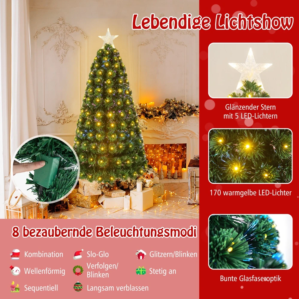 Promotion 150 cm Dirbtinė Eglutė su Šviesolaidžiu & 8 Šviesos Režimai