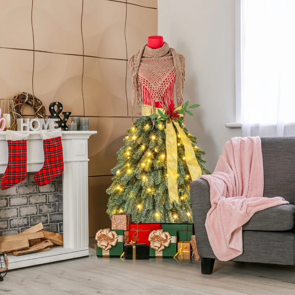 Promotion 150cm Apšviestas Dirbtinės Kalėdinės Eglutės Manekeno Sijono Formos 248 Šakos 100 Šiltų Baltų LED Šviesų