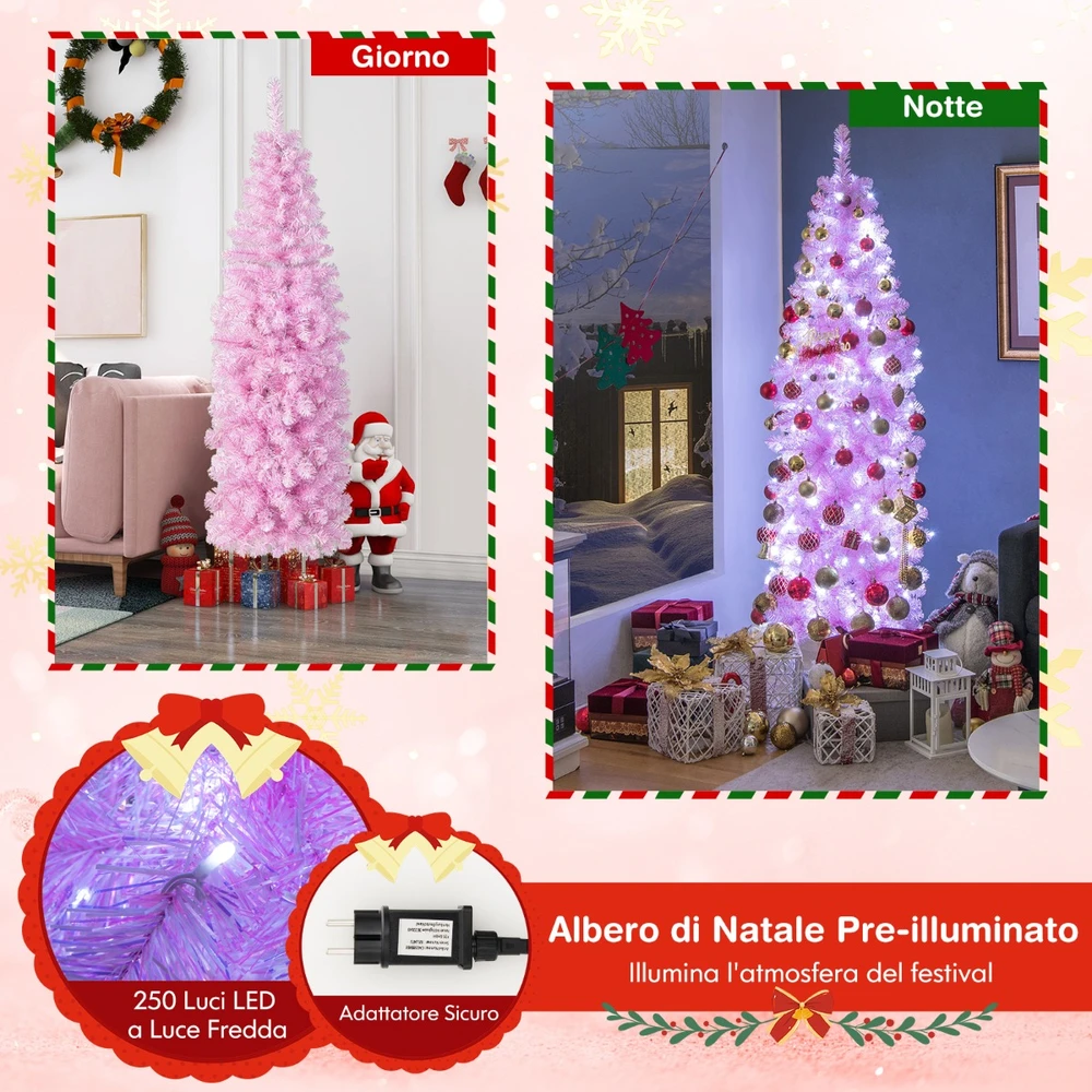 Promotion 180 cm Rožinė Dirbtinė Kalėdinė Eglutė su 250 LED Šviesų