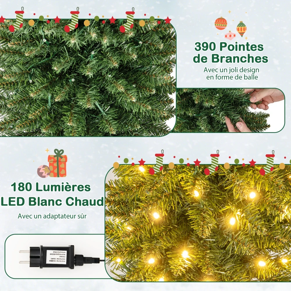 Promotion 180cm dirbtinė kalėdinė eglutė su apšvietimu, 390 šakų, 180 šiltai baltų LED, sulankstoma metalinė koja