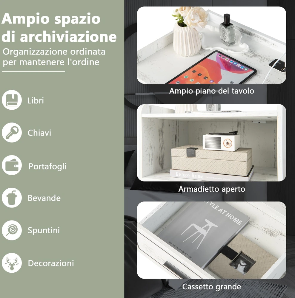 Promotion 2 naktinių spintelių rinkinys su LED apšvietimu, USB ir Type-C įkrovimo stotele, judesio jutikliu, balta
