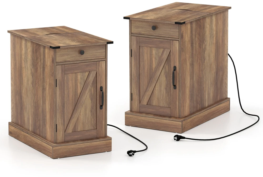 Promotion 2 ratukų šoninių stalelių rinkinys su įkrovimo stotele, rustic ruda