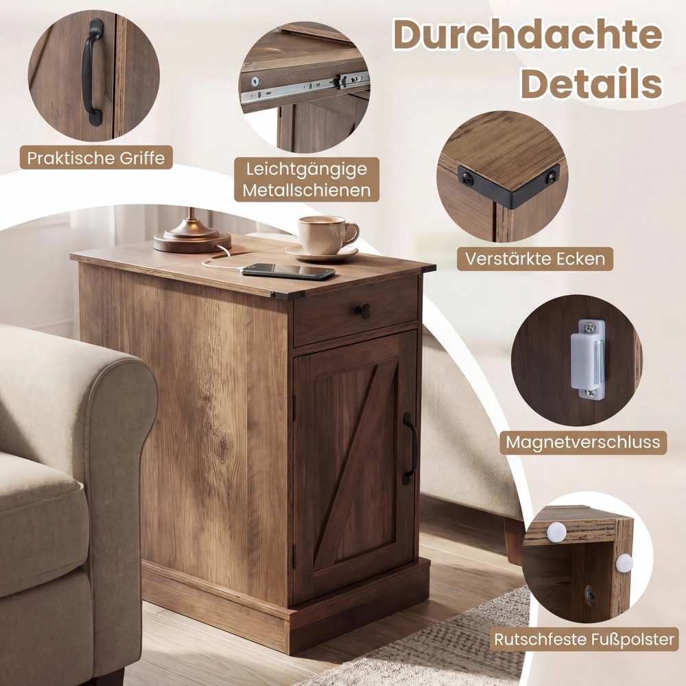 Promotion 2 ratukų šoninių stalelių rinkinys su įkrovimo stotele, rustic ruda