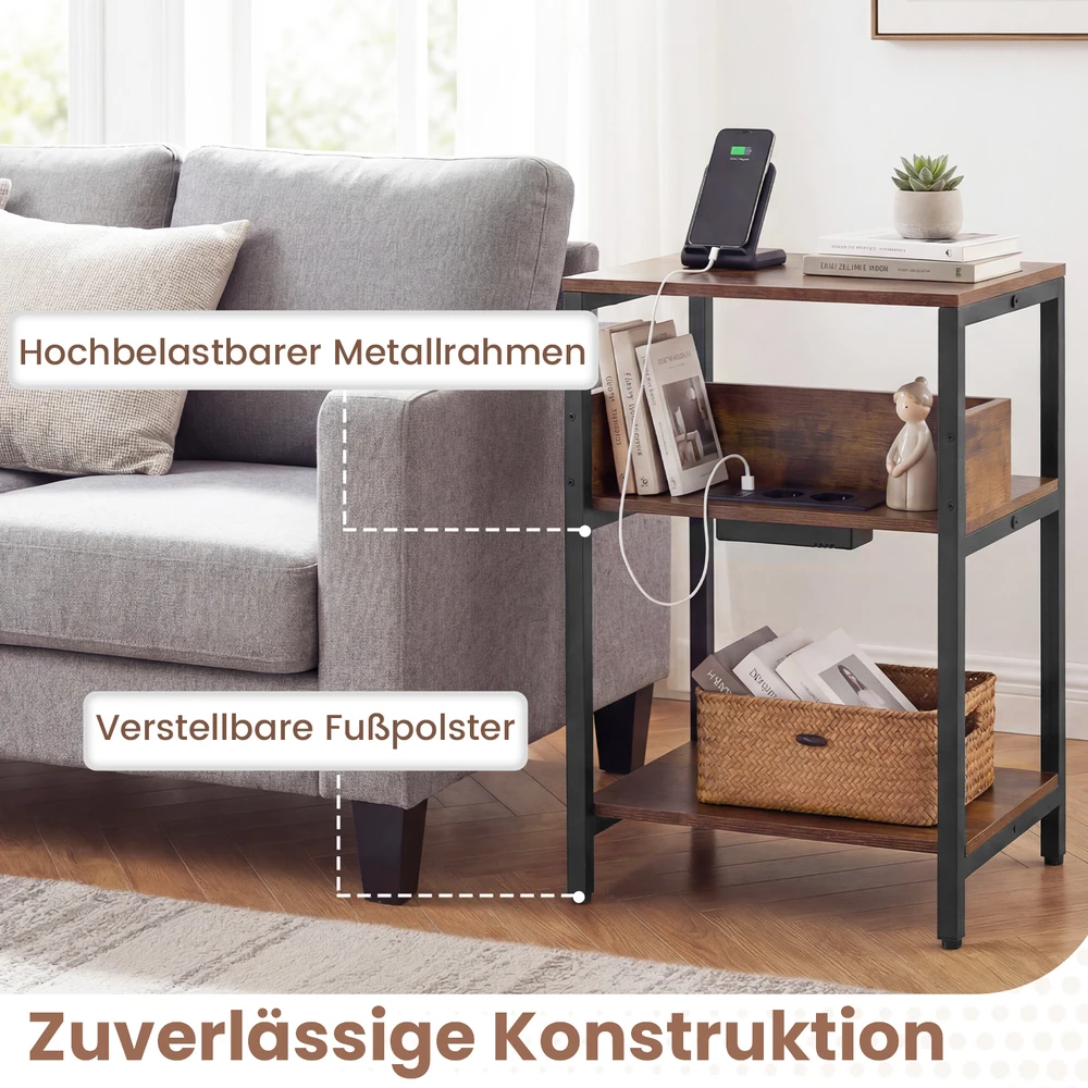 Promotion 2 šoninių staliukų komplektas su įkrovimo stotele, 3 aukštų, rustic rudos spalvos