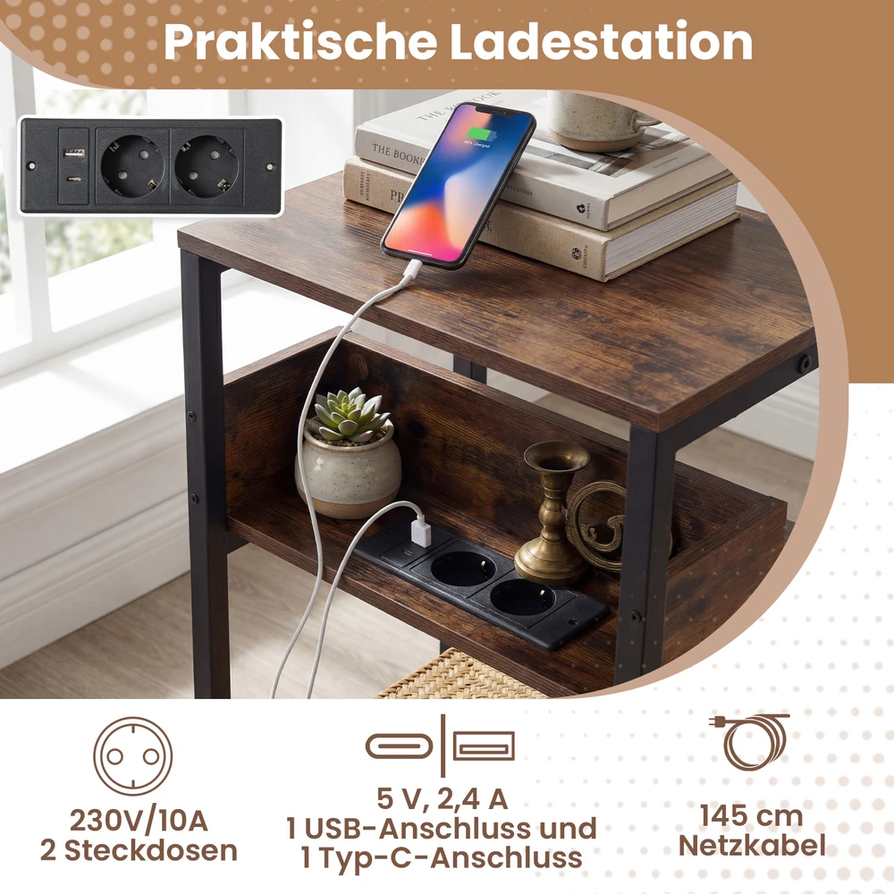 Promotion 2 šoninių staliukų komplektas su įkrovimo stotele, 3 aukštų, rustic rudos spalvos