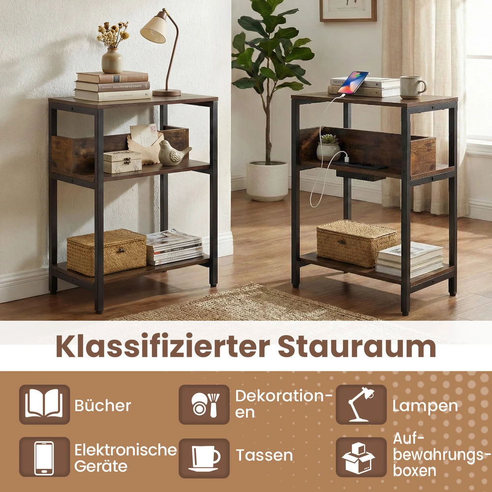 Promotion 2 šoninių staliukų komplektas su įkrovimo stotele, 3 aukštų, rustic rudos spalvos