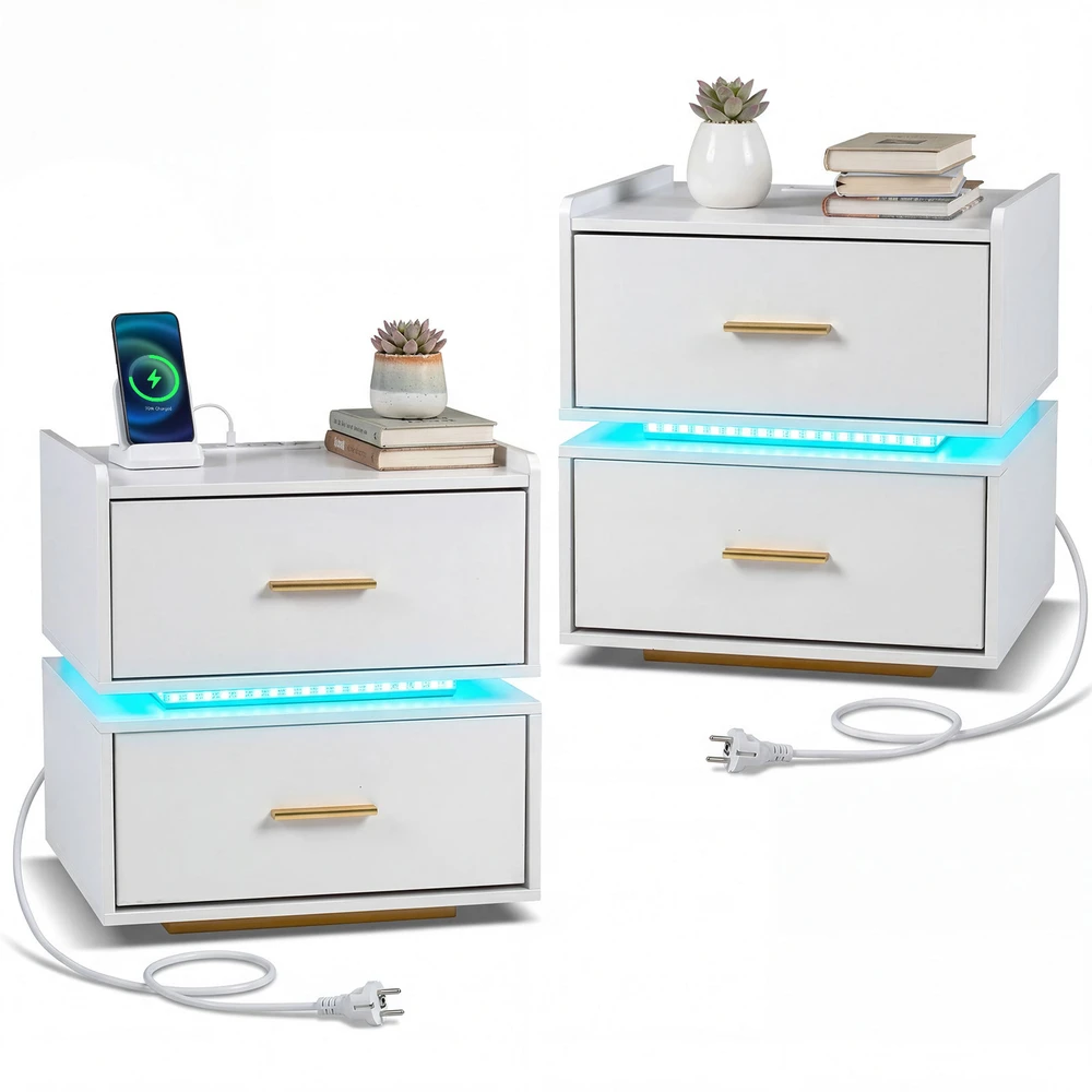 Promotion 2 vnt. naktiniai staliukai su LED ir įkrovikliu balti