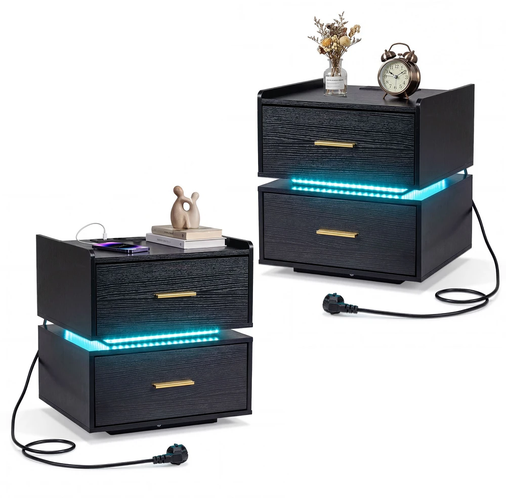 Promotion 2 vnt. naktiniai staliukai su LED ir įkrovikliu juodi