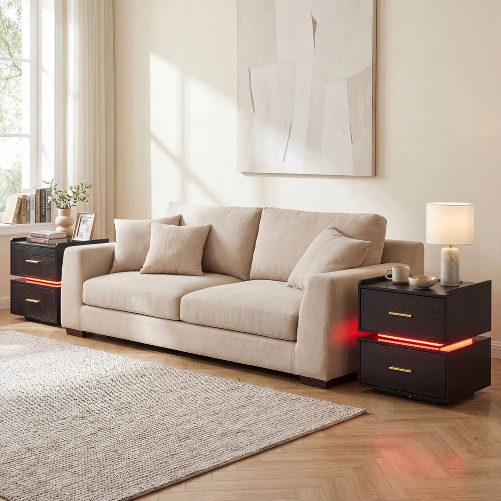 Promotion 2 vnt. naktiniai staliukai su LED ir įkrovikliu juodi