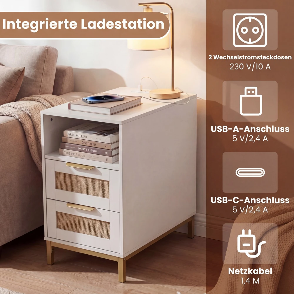 Promotion 2 vnt. naktinių staliukų komplektas su įkrovimo stotele ir 2 stalčiais, rotangas ir balta mediena