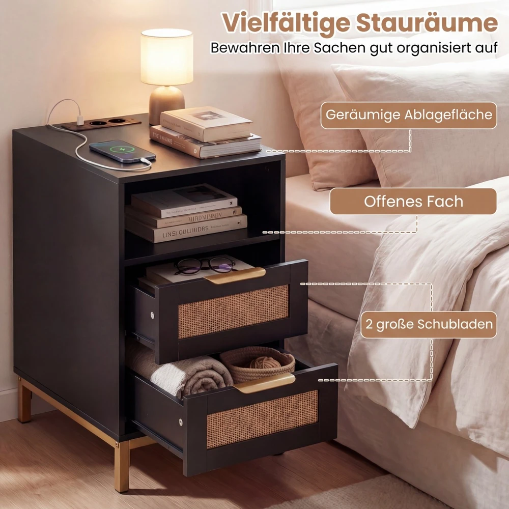 Promotion 2 vnt. šoninių stalų komplektas su įkrovimo stotele ir 2 stalčiais, naktinis staliukas iš rotango ir medžio, juodas