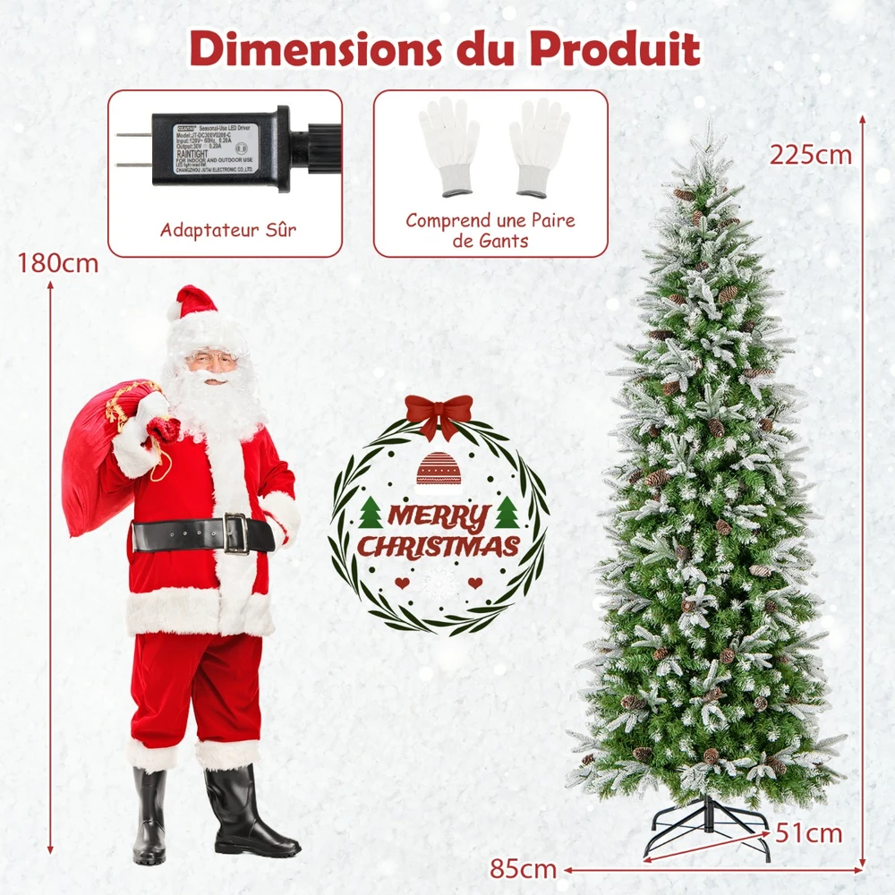 Promotion 220cm dirbtinė eglutė su sniego efektu, sujungtomis šakomis, 913 galiukais, 75 kankorėžiais ir 350 šiltai baltomis LED lemputėmis