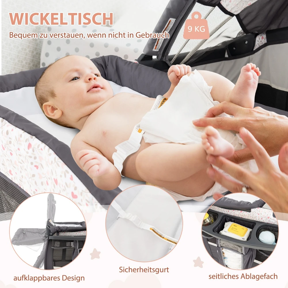 Promotion 4-in-1 kelioninė lovelė su čiužiniu, sulankstoma, rožinė gėlės