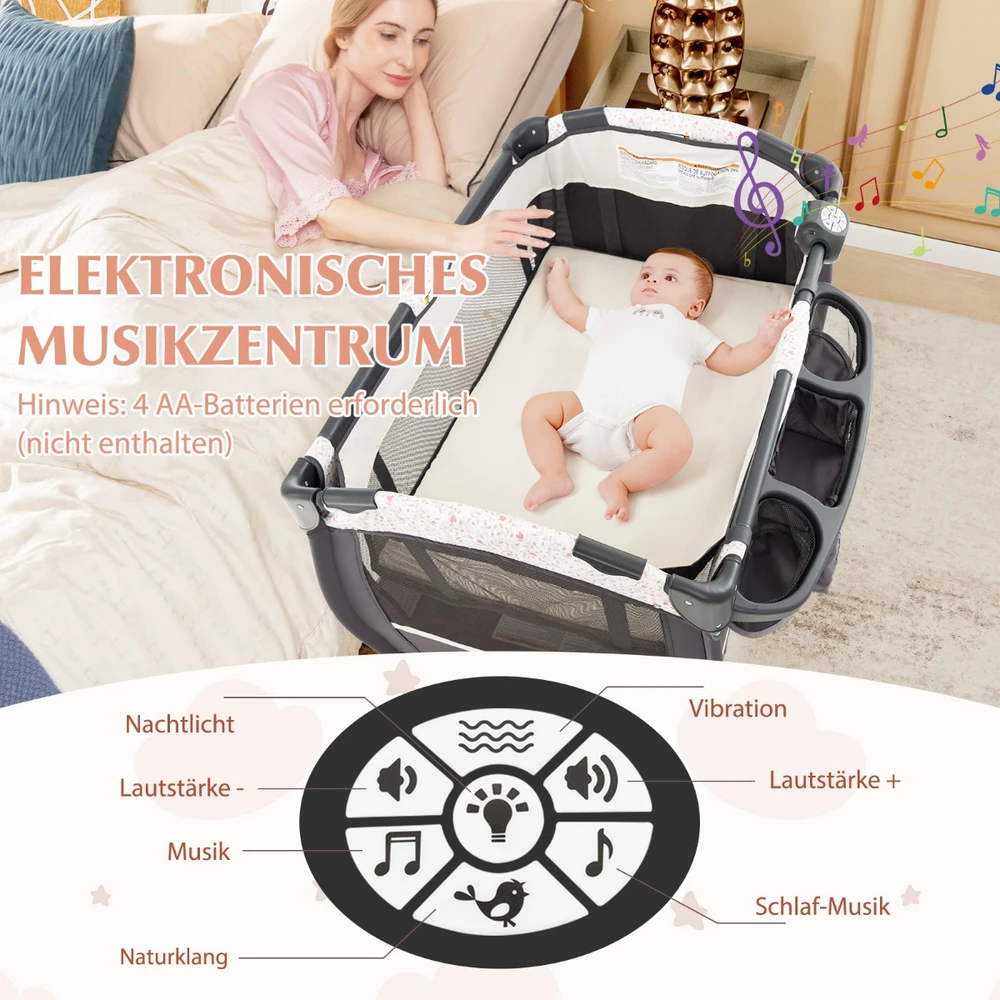 Promotion 4-in-1 kelioninė lovelė su čiužiniu, sulankstoma, rožinė gėlės