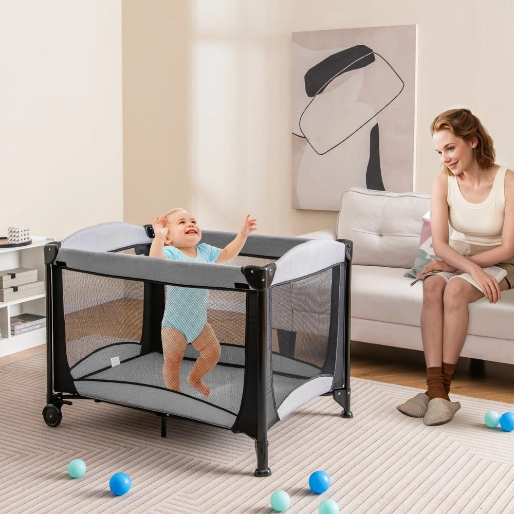 Promotion 5-in-1 Sulankstoma Vaikų Lovelė Juoda/Pilka