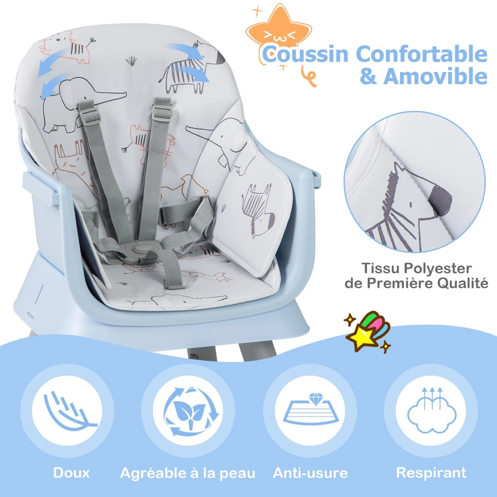 Promotion 6-in-1 Vaikiškas aukštas kėdė mėlyna su 5 taškų saugos diržu ir nuimamu padėklu