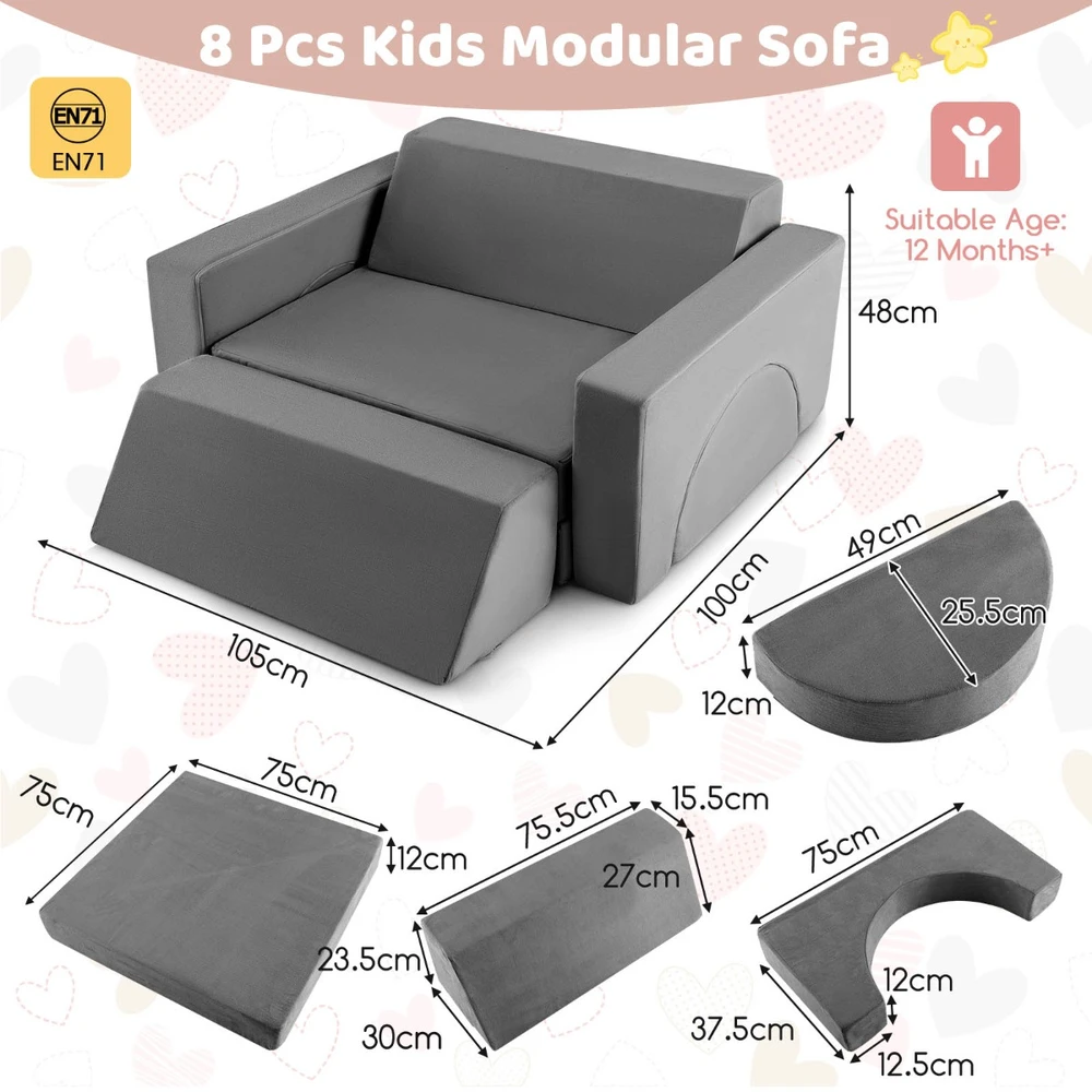 Promotion 8 dalių vaikų modulinis žaidimų sofa pilka
