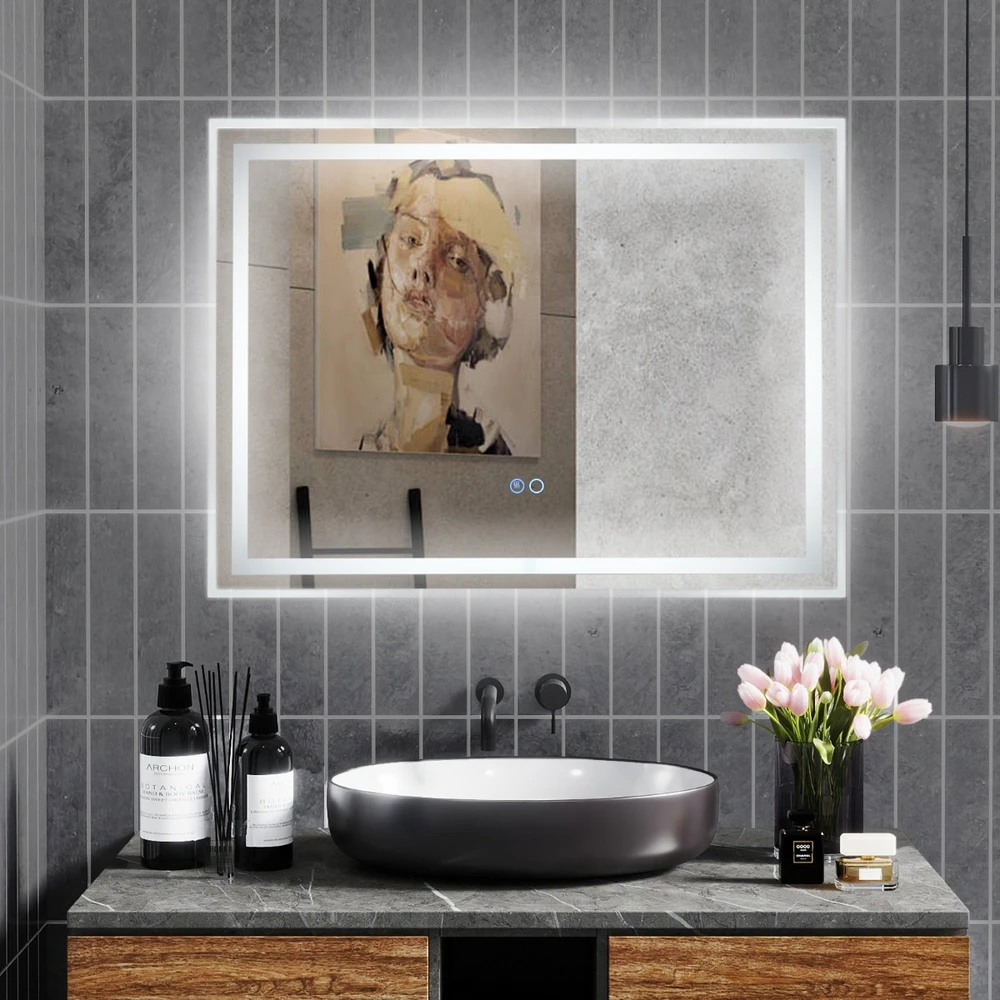 Promotion 80x60cm LED Vonios Veidrodis su 3 Spalvų Reguliuojamu Apšvietimu ir Jutikliniu Jungikliu