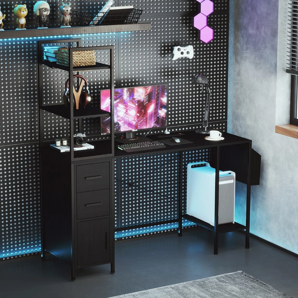 Promotion Biuro stalas LED apšvietimu ir lizdais juodas
