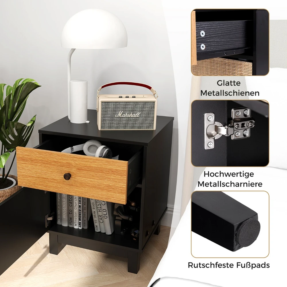 Promotion Boho rotango naktinis staliukas su medinėmis kojomis, juodas