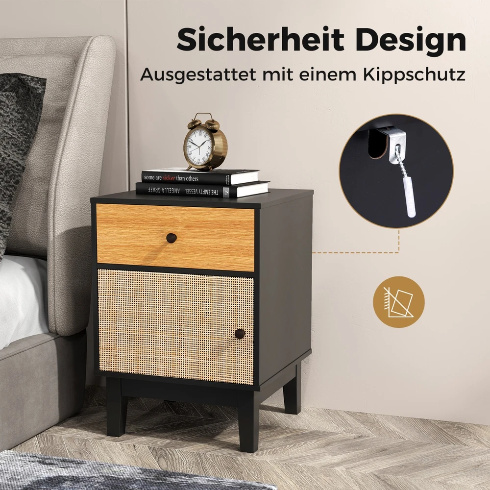 Promotion Boho rotango naktinis staliukas su medinėmis kojomis, juodas