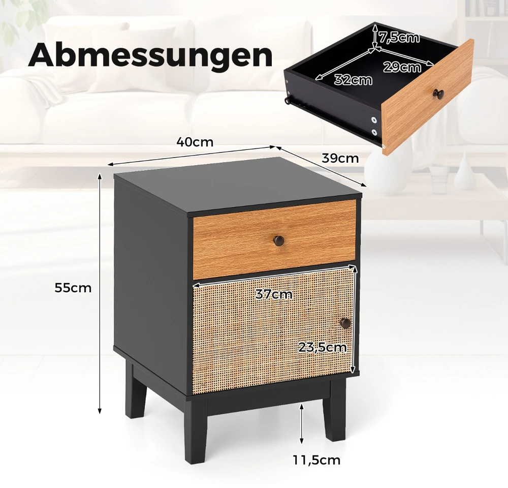 Promotion Boho rotango naktinis staliukas su medinėmis kojomis, juodas
