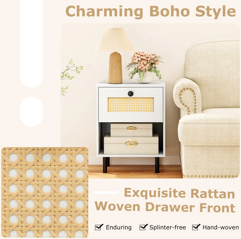 Promotion Boho stiliaus naktinis staliukas su stalčiumi ir atvira dalimi 40x30x52 cm 2 vnt