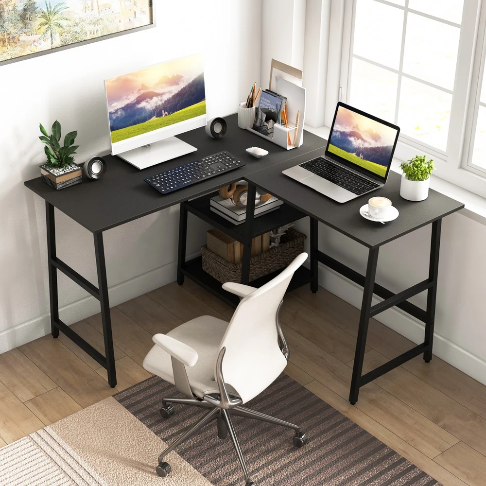 Promotion L formos kampinis stalas su lizdais ir USB 120x120 cm juodas spalvos