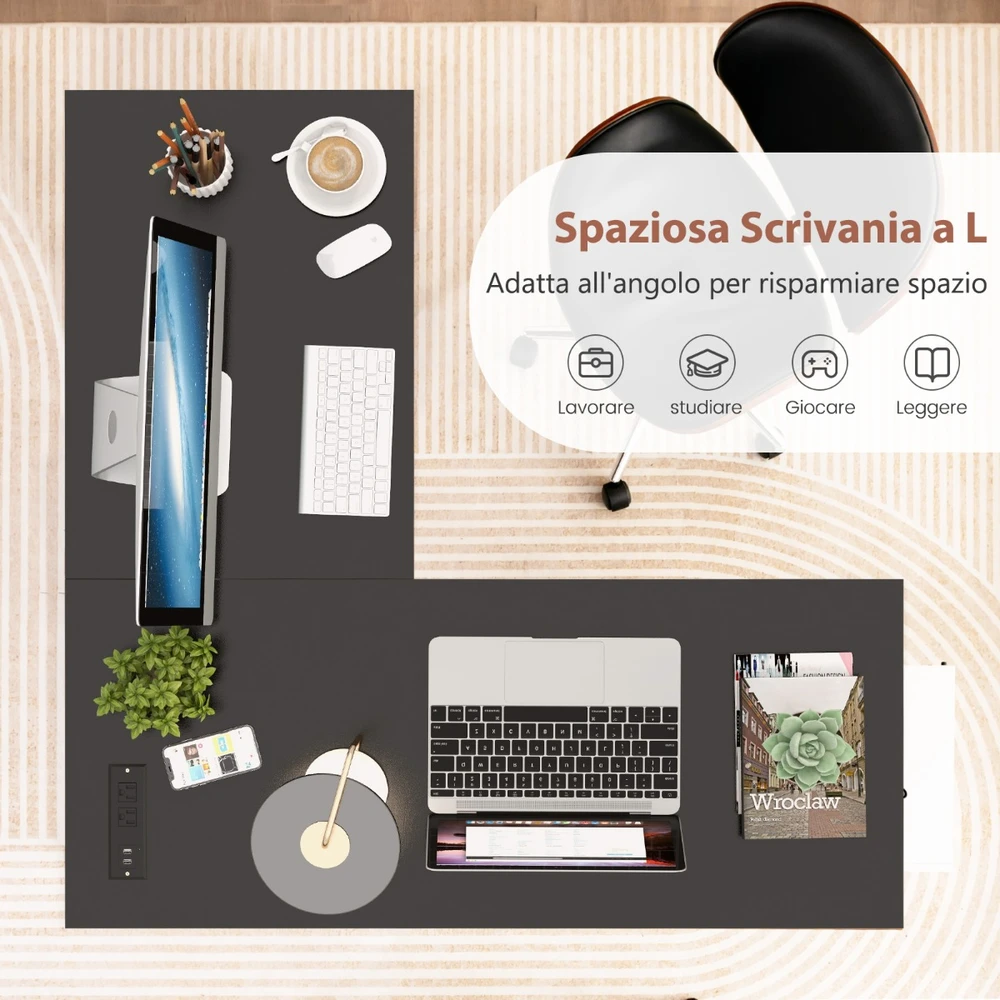 Promotion L formos kampinis stalas su lizdais ir USB 120x120 cm juodas spalvos