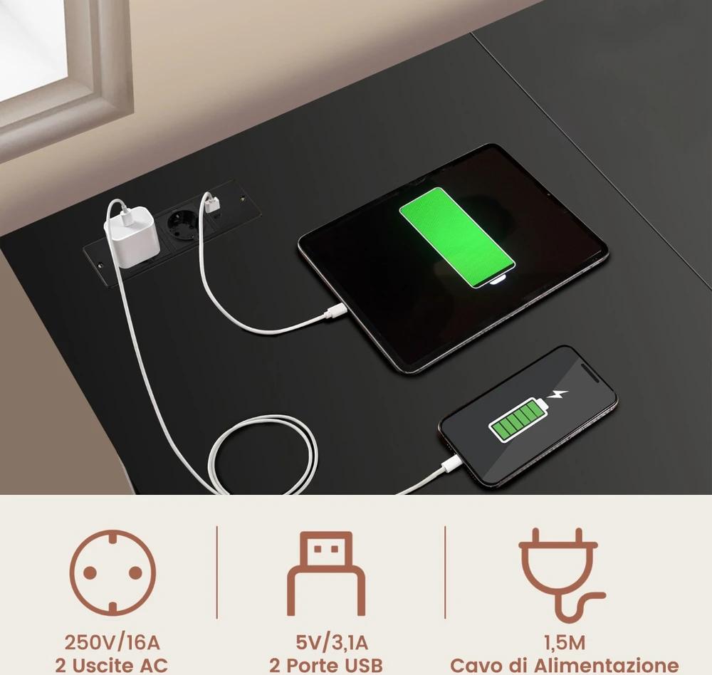 Promotion L formos kampinis stalas su lizdais ir USB 120x120 cm juodas spalvos