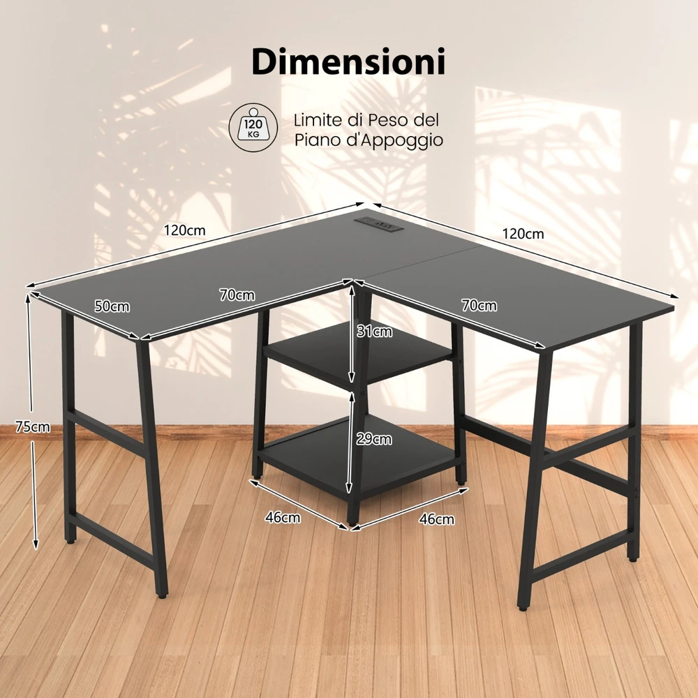 Promotion L formos kampinis stalas su lizdais ir USB 120x120 cm juodas spalvos