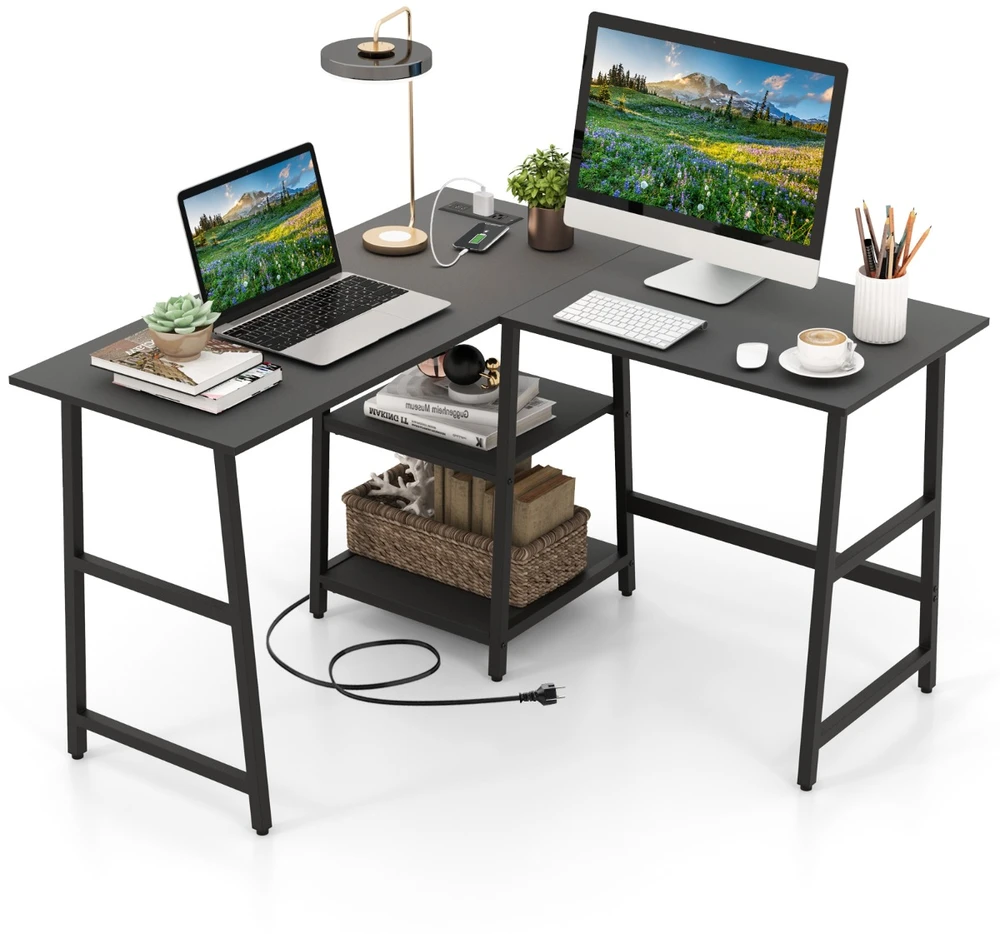Promotion L formos kampinis stalas su lizdais ir USB 120x120 cm juodas spalvos