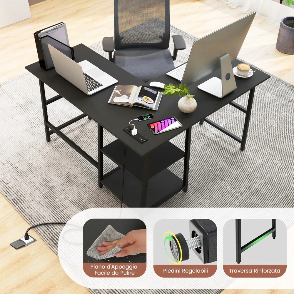 Promotion L formos kampinis stalas su lizdais ir USB 120x120 cm juodas spalvos