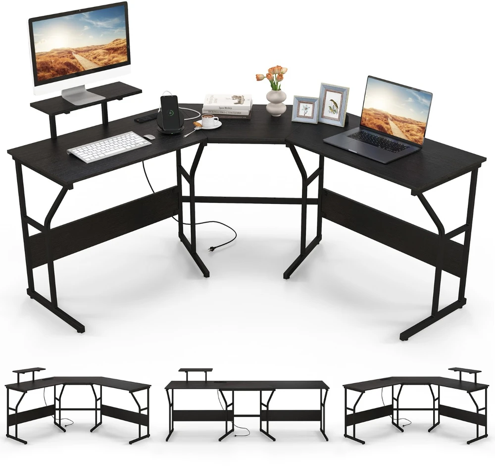 Promotion L formos stalas su lizdu ir monitoriaus stovu, juoda