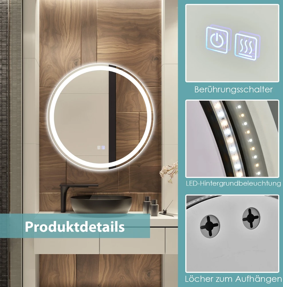 Promotion LED apšviestas apvalios vonios veidrodis 60 cm