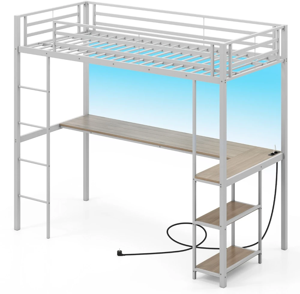 Promotion Loft lova 200 x 90 cm su LED įkrovimo stotimi, saugojimo vieta, apsauginė tvorelė ir kopėčios, sidabrinė