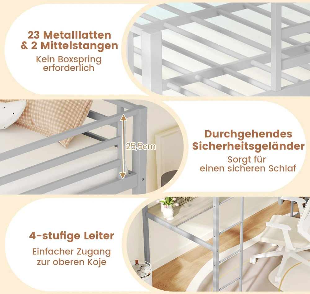 Promotion Loft lova 200 x 90 cm su LED įkrovimo stotimi, saugojimo vieta, apsauginė tvorelė ir kopėčios, sidabrinė