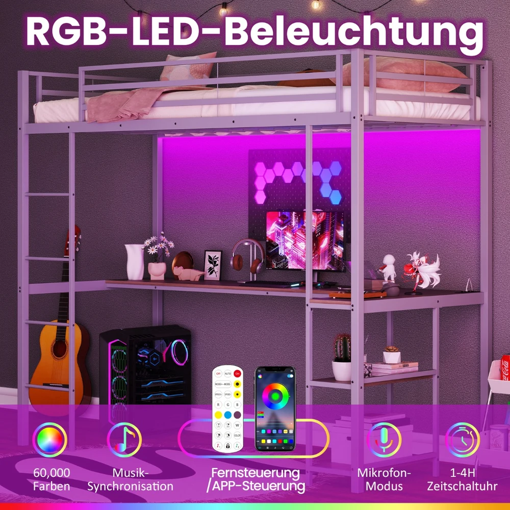 Promotion Loft lova 200 x 90 cm su LED įkrovimo stotimi, saugojimo vieta, apsauginė tvorelė ir kopėčios, sidabrinė