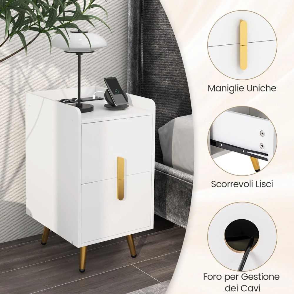 Promotion Naktinis staliukas su įkrovimo stotele, siauras, 2 stalčiai ir USB lizdai, 40x32x60 cm, baltas
