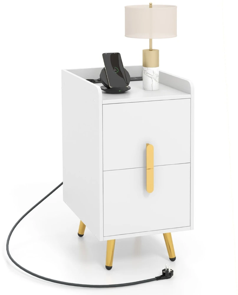 Promotion Naktinis staliukas su įkrovimo stotele, siauras, 2 stalčiai ir USB lizdai, 40x32x60 cm, baltas