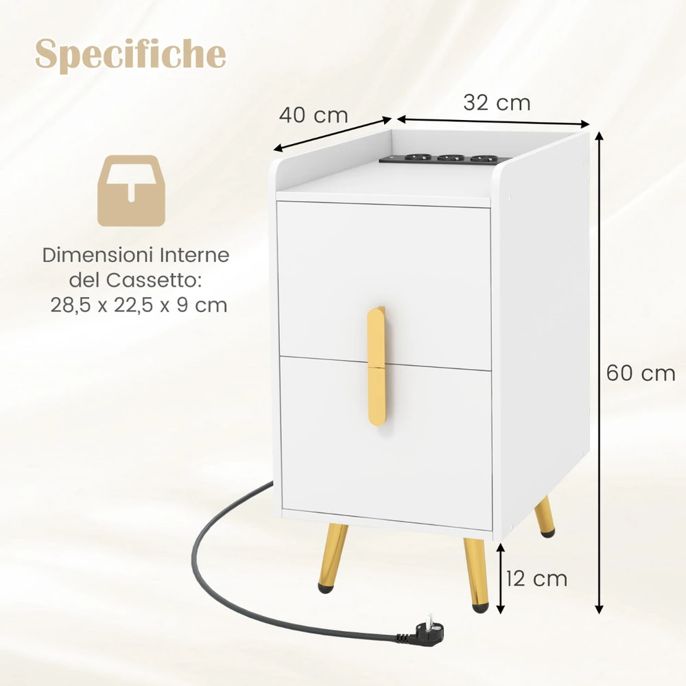 Promotion Naktinis staliukas su įkrovimo stotele, siauras, 2 stalčiai ir USB lizdai, 40x32x60 cm, baltas
