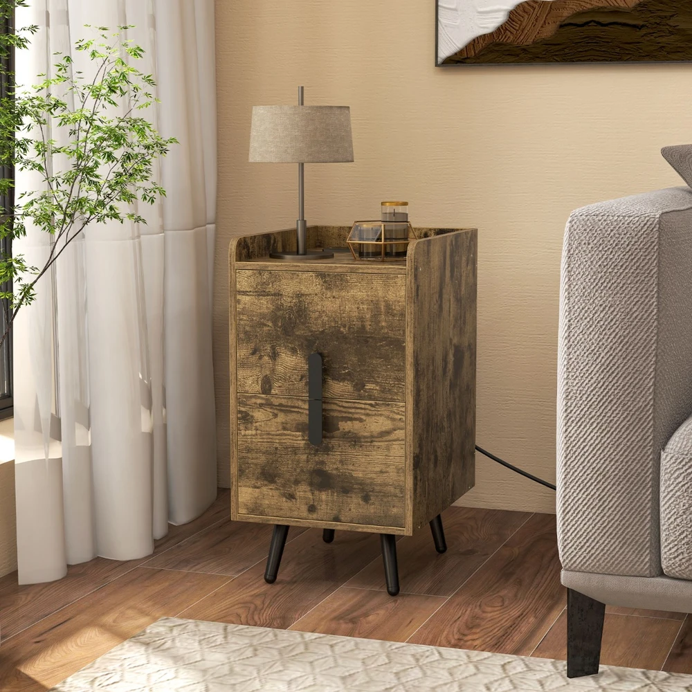 Promotion Naktinis staliukas su įkrovimo stotele, siauras naktinis staliukas su 2 stalčiais ir USB lizdais, 40 x 32 x 60 cm, rustiškos rudos spalvos