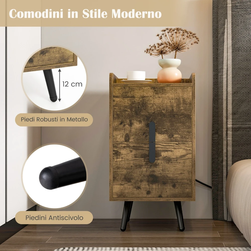 Promotion Naktinis staliukas su įkrovimo stotele, siauras naktinis staliukas su 2 stalčiais ir USB lizdais, 40 x 32 x 60 cm, rustiškos rudos spalvos